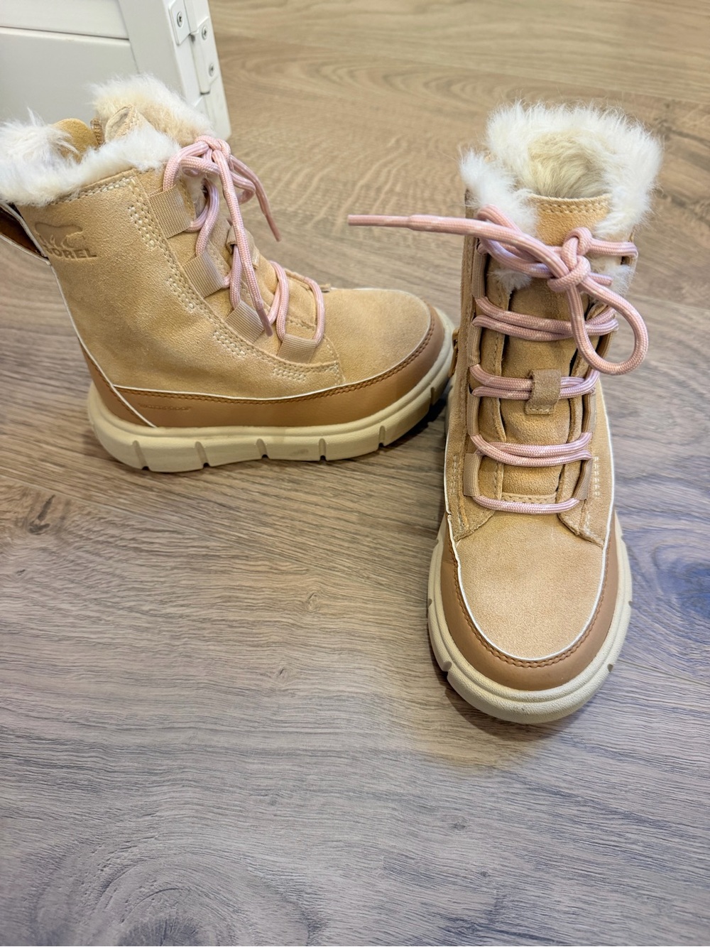Sorel Kids Tan Boots with Pink Laces